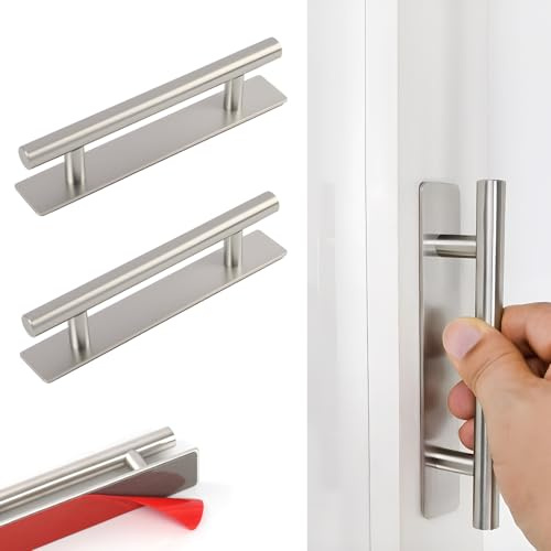 JinRuiCPeng 2 Pièces Poignée de Meuble Autocollante, en Acier Inoxydable 150 mm, Poignées Adhésives Sans Perçage pour Placard, Armoire, Porte, Tiroir, Cuisine et Salle de Bain, Finition Argent