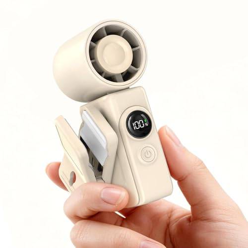 Dnenellr Mini Ventilateur Portable à Main, Ventilateur Clip (Beige) | Tête Rotative 360°, Clip Détachable, 4 Vitesses, 13500RPM, Batterie 2400mAh pour Sac, Voyage, Maquillage et Extérieur