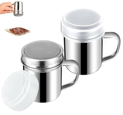 Septoolshop 2 agitadores de harina, azucarera para capuchino, coctelera de chocolate de acero inoxidable, para azucareros, paquete de 2 con tamiz de malla fina y tapa transparente para cacao, canela