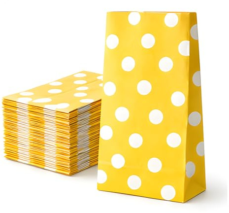 Papiertüten Gelb 50 Stück 12x7x21 cm - Geschenktüten Papier gepunktet 60 g/m² - Kindergeburtstag Tüten & Mitgebsel Tüten - Süßigkeiten Tüten plastikfrei