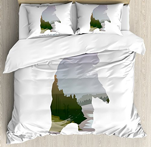 Kabine Decor Bettbezug Set by ambesonne, Wild Animals of Kanada Survival in the Wild Thema Jagd Camping Trip Outdoor, Deko Betten Set mit kissenrollen, multicolor, Textil, Multi 1, QUEEN / FULL