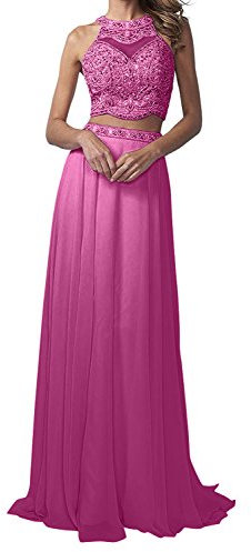 La_Marie Braut Langes Zwei-teilig Perlen Abendkleider Promkleider Partykleider Chiffon A-Linie Rock-36 Fuchsia