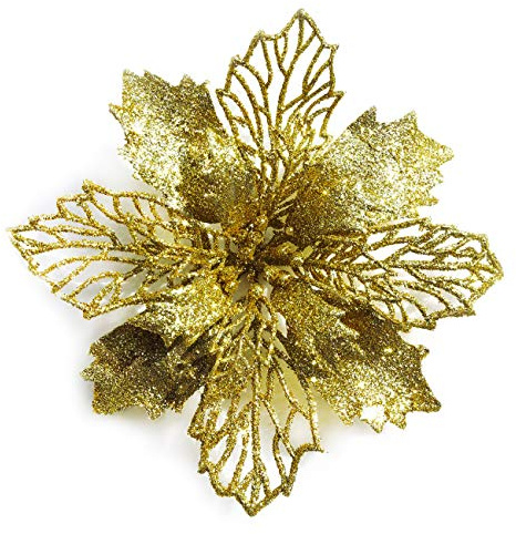 GL-Turelifes 12 Stück 16,3 cm Durchmesser Glitzer Weihnachtsstern künstliche Blume Weihnachtskranz Weihnachtsbaum Blumen Baumschmuck mit 12 Stück grünen Blumenstielen