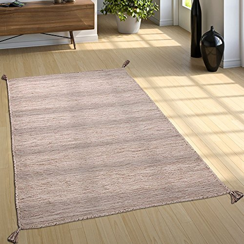Paco Home Tapis Salon Nature Franges Moderne 100% Coton, Dimension:120x170 cm, Couleur:Beige