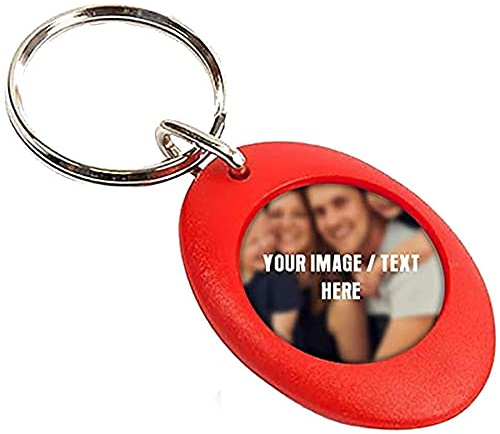Personalised with Your own Text, Name, Any Logo, Image Themed Round Shape Photo Insert Keyring with Trolley Coin. (Red)