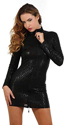 MISS NOIR Damen Wetlook Minikleid Leopard-Print Zwei-Wege-Reißverschluss Clubwear Partykleid