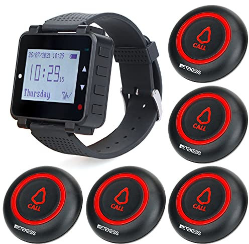 Retekess T128-TD019 Restaurant Pager, Funkrufsystem mit 3 Erinnerungsmodi, EIN-Tasten-Ruftaste 600mAh Eingebauter Akku für Restaurants, Bars