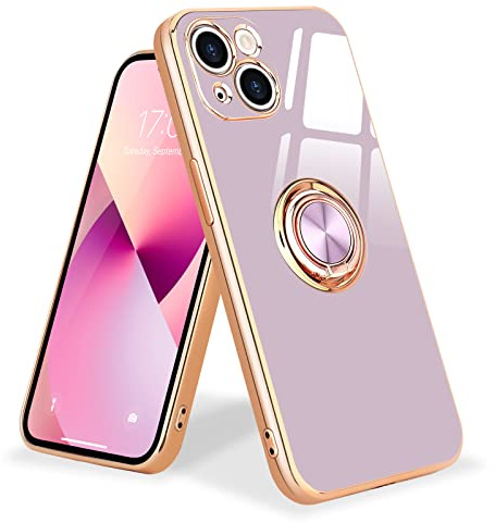 Urarssa Magnetic for iphone 13 Case with Ring Holder Kickstand, Purple | 360 Degree with Rotation Magnet Car Mount Holder Slim Soft Silicone TPU Bumper Electroplated Edge Shockproof Phone Cover