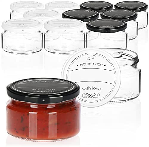 com-four® 12x Einmachgläser mit Schraub-Deckel Homemade with love in schwarz und weiß - TO Ø 82 mm - bis zu ca. 250 ml
