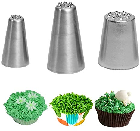 JFUNNIEC 3 PCS Grass Piping Nozzle, Stainless Steel Grass Icing Tips Three Size Piping Nozzle Kit for Cake Decorating DIY Cream Cupcake (S/M/L)