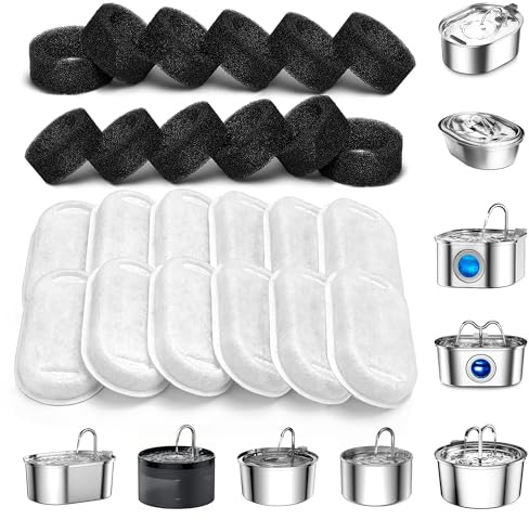 Filtros de Fuente para Gatos, SOOFPET 12 Piezas de Filtros + 12 Piezas Esponjas de Bebedero Gatos, Triple Filtración, Satisface Las Necesidades de Reemplazo de 2 a 4 Meses, Adecuado para la S2
