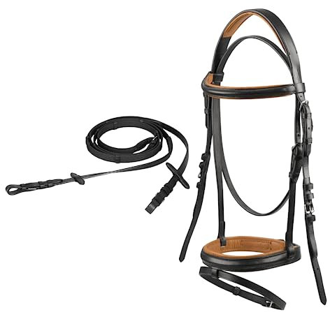 Start Simple Trense Pferd mit Zügel, Zaumzeug für Pferde,englisch kombiniertes Reithalfter, 19mm Gurtzügel, Trensenzaum Leder für Shetty, Pony, Vollblut, Warmblut und Kaltblut (Pony, Schwarz/Braun)