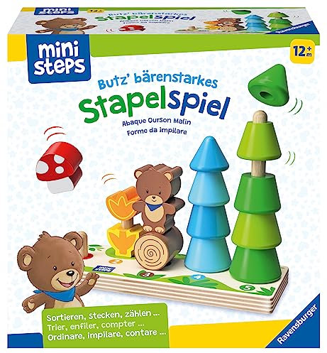 Ravensburger ministeps 4580 Butz' bärenstarkes Stapelspiel, Stapelbrett aus Holz mit Türmchen von 1-5 Teilen, Baby-Spielzeug ab 1 Jahr