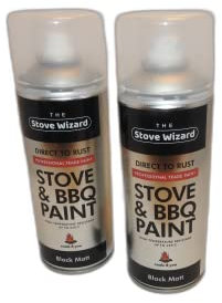 The Stove Wizard High Temperature Black Spray Paint for BBQs Stoves Chimineas Fire Screens Automotive Parts Up to 650C Heat Resistant Aerosol 2x400ml Professional Trade Quality Made in UK