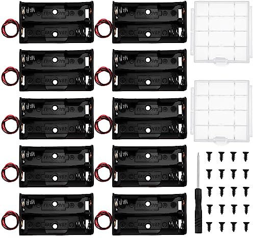 10 Stücke 2 AA-Batteriehalter, KUOQIY 2 x 1.5V AA Kunststoff Batteriehalter mit Drahtkabeln, mit Batteriebox aus Kunststoff und Schraubendreher & Schrauben