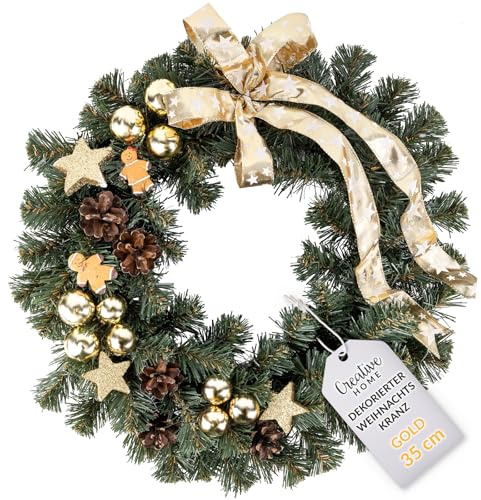 Creative Home Weihnachtskranz Gold Türkranz Weihnachten Tannenkranz ø 35 cm | Künstlich | Tischkranz Adventskranz für Haustür Wand Tisch | Indoor & Outdoor Weihnachtsdeko draußen Winter Deko