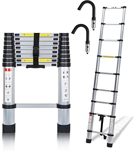 Eulenke 3,2M Teleskopleiter - Rutschfester Aluminium Multifunktionsleiter - Stehleiter mit 2 mit Abnehmbarem Haken - Ausziehleiter 150 kg Belastbarkeit - Haushaltsleiter für Heim Werken - Silber