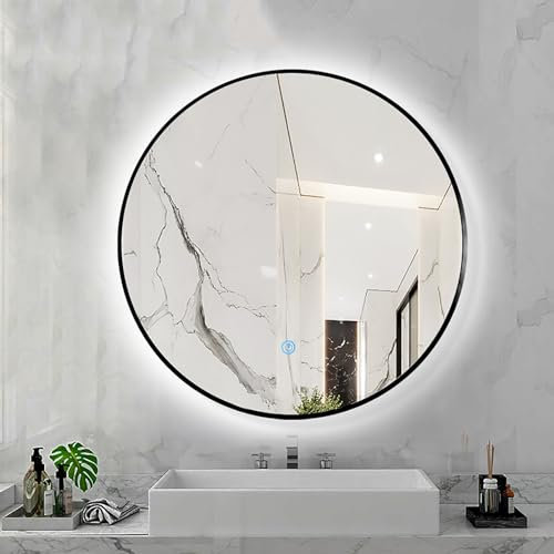 JXYQZD Runder Spiegel mit Metallrahmen, 4 Farben Metallrahmen, Kosmetikspiegel mit Lichtern, LED Intelligenter Badezimmerspiegel, (Color : Negro, Size : 80 * 80cm)