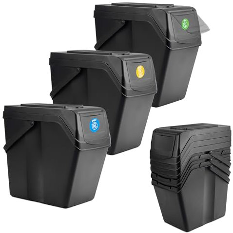 KADAX Juego de cubos de basura para separación de residuos de plástico, cubo de basura con tapa hermética, clasificador de basura, cubo de basura con asas móviles (negro, 3 x 25 L)