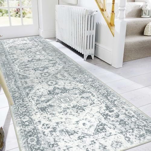 Famibay Alfombra Pasillo Larga 80x300cm Alfombra Cocina Lavable Antideslizante Gris Alfombra de Pasillo Vintage para Pasillo Cocina Habitacion