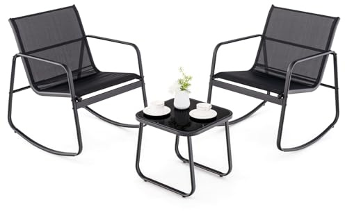 GOPLUS 3 delar Set med trädgårdsmöbler, bistroset med 2 gungstolar och sidobord, balkongset, balkongmöbler, utemöbler, sittgrupp sittgrupp utomhus för trädgård, gård, veranda, terrass (svart 2)
