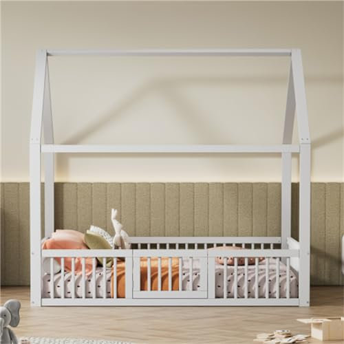 Tcewhhy Hausbett Mit Türchen Massivholzbett Kinderbett Mit Absturzsicherung Und Lattenrost Flachbett Jugendbett Für Kinder Jugendliche Bodenbett Einzelbett weiß 140x200 cm