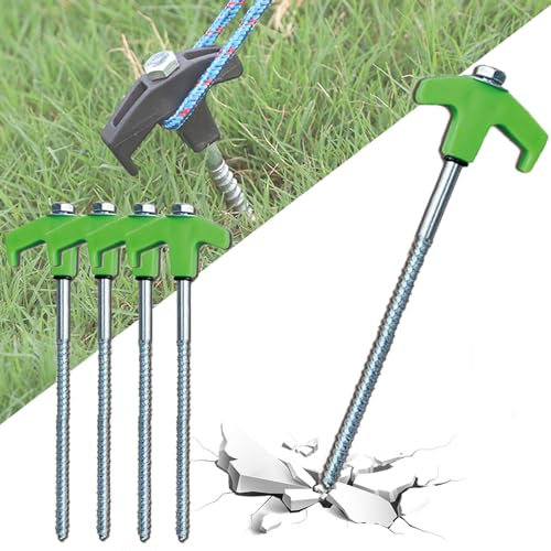 Lyoveu 4 Stück Drehbare Zeltheringe Mit Gewinde, Camping Zeltheringe, Universal Zeltheringe Mit Gewinde Und Seil-Halterung, Obuste Lange Stahl-Zeltheringe Für Camping Und Outdoor-Grün