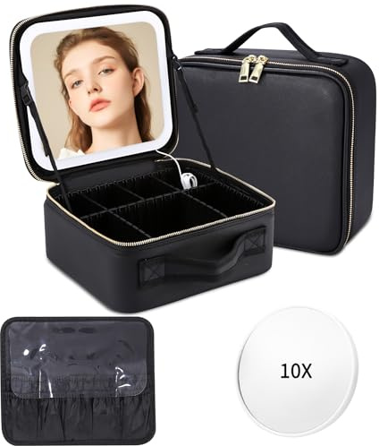 Maletin Maquillaje con Espejo,Lupa 10x Cosméticos Bolsa organizadora Maquillaje con Espejo Iluminado 3 Modos Color Brillo Ajustable,Portátil Impermeable Estuche Maquillaje,Organizador Maquillaje Viaje