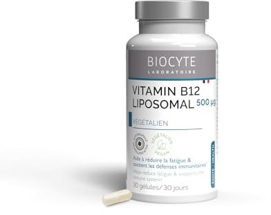 BIOCYTE Vitamine B12 Liposomal 500 µg - Complément alimentaire Réduit la Fatigue, Soutient le Système Immunitaire - A base de Vitamine B12 Liposomée - 30 Gélules - Programme de 30 jours - Végétalien
