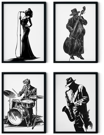 MJ-GRAPHICS® | Mood Poster Set Jazz Musik - Sängerin, Schlagzeuger, Gitarre, Saxophon - Dekorative Wandkunst Wohnzimmer, Büro - 4xA4 Kunstdrucke - Musikliebhaber - ohne Rahmen
