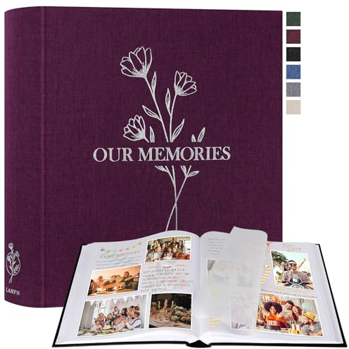 Lanpn Fotoalbum zum Selbstgestalten Einkleben, Großes OUR MEMORIES Leinen Fotobuch 160 weißen Seiten mit Pergamin Trennblätter Fasst 9x13 10x15 13x18cm Fotos (30x33,5 cm, Lila)