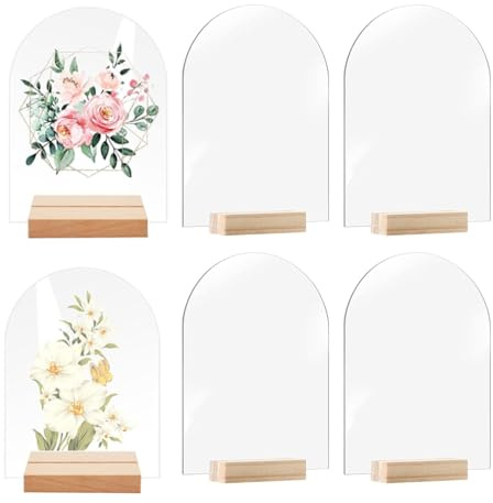SUEOUX 6er-Pack Tischnummern Hochzeit Bogen-Acrylplatte Blanko, Transparent Acryl Tischnummern Karten Schilder mit Holzsockel, Wiederverwendbar runde Oberseite Hochzeitsschild für Dekoration, Party
