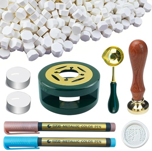 Kit Tampons à Cire Tomgenrine - 500 Perles Blanc (Accessoires Inclus : Pot de Fusion, Cuillères, Bougies, Stylos et Tampons)