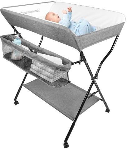 OHMG Baby Wickelkombi Klappbare Wickelkommode,Wickeltisch mit Rollen,Mobiler Wickeltisch mit Wickelauflage,Sicherheitsgurt und Ablagefächern,Wasserdicht und Höhenverstellbar,Stabil