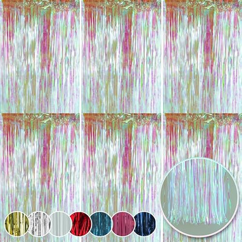 HOVUK Lot de 6 serpentins à franges en feuille d'aluminium irisé – Lametta holographique pour décoration de Noël, mariage, décoration murale, fête d'anniversaire (blanc)