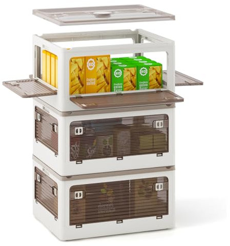 COSTWAY 90L Aufbewahrungsboxen mit Deckel, von 5 Seiten zugänglich, 3er Set Stapelboxen auf Rollen, Aufbewahrungskisten klappbar, Kunststoff, sicher Verschluss, transparent