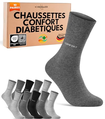 sockenkauf24 Chaussettes Confort Diabetiques Homme 43-46 10 Paires sans Elastique et sans Couture Noir Gris Anthracite