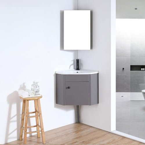 Gtzly Waschtisch mit Unterschrank, Keramikwaschbecken, Eckbadezimmer-Waschtisch-Kombination aus Aluminium-Kunststoff-Platte mit Spiegelschrank, Badezimmerschrank-Set for Kleine RäUme(42cm)