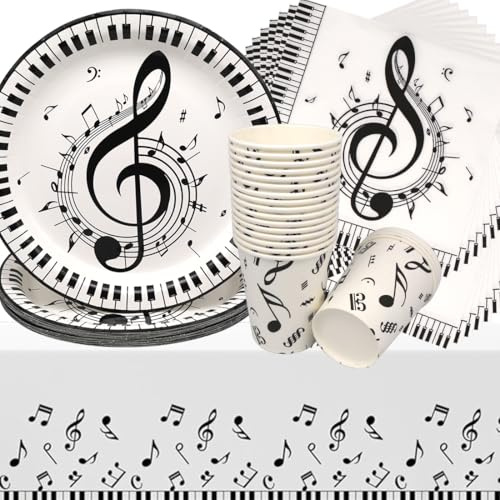 Doyomtoy 61pc Music Notes Party Tableware Set - 20 Plates, 20 Cups, 20 Napkins, 1 Tablecloth - Music Birthday Party Decoration