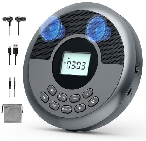 Lettore CD Bluetooth Portatile, Lettore CD Ricaricabile, con Doppi Altoparlanti e Cuffie Lettore CD, Cavo Dati, Lettore Musicale CD per Auto e Uso Personale Gray