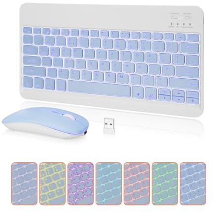 MAYPHY Mini tastiera retroilluminata e mouse combinata, tastiera wireless retroilluminata a 7 colori, doppia modalità 2,4 G/BT per iPad, tablet, laptop, tasti silenziosi e design compatto, layout UK