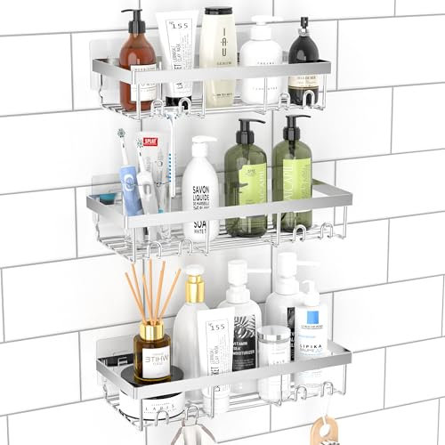 DIFULI Shower Caddy 3 Pack, Silver Shelf No Drilling, Bathroom Organiser Rack, Shampoo Holder and Storage Accessories for Organisation