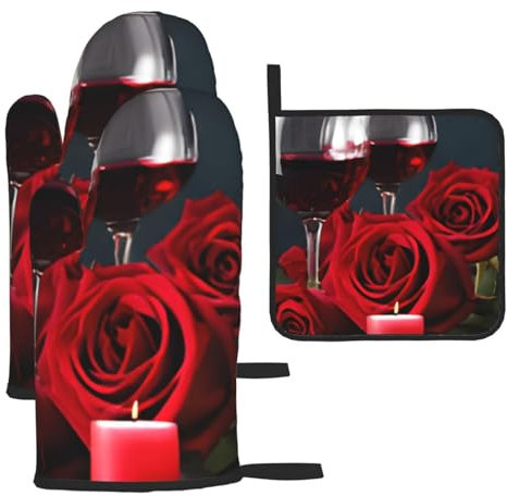 Set di 3 guanti da forno e presine – rosa vino rosso e candela – guanti da forno a microonde isolati e guanti da cucina, set di guanti da forno antiscivolo con cuscinetti caldi, per cucinare, cuocere