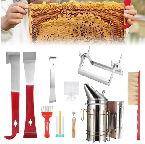 Beekeeping Basic Tools, 10-Piece Beekeeping Tool Kit for Beekeeping Beginners, Bee Brush Bee Marking Tool Bee Feeder Beehive Tool Accessories