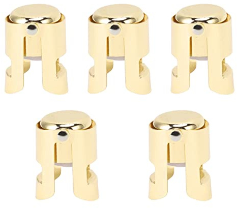 5Pcs Champagne Bottle Stopper, Stainless Steel Champagne Sealer Plug Reusable Wine Saver for Prosecco Wine Bottles Sparkling Bottles (Gold)