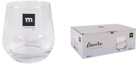 Juego de 6 Vasos de Cristal Transparente - Para Agua, Whisky, Zumos, Refrescos | Set de 6 Tazas de Cristal Fuerte y Resistente - Uso Diario, Eventos, Hogar o Professional (Lavere - 365 ml)