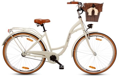 Goetze Style 28 Zoll Damen Citybike, 18 Zoll Tiefeinsteiger Stahlrahmen, 1-Gang Rücktrittbremse, V-Bremse vorne, LED-Beleuchtung, Rattankorb, Komfortsattel, mit Seitenständer & Klingel