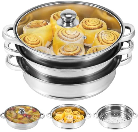 COZHYESS Cuiseur vapeur professionnel à 3 niveaux, 28 cm en acier inoxydable, cuiseur vapeur à 3 niveaux, casseroles avec couvercle en verre trempé et aération, deux poignées, compatible avec les