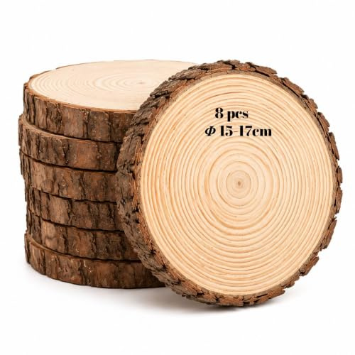 8er Set Holzscheiben 15-17 cm Durchmesser, Baumscheiben Naturholz mit Rinde, 15 mm Dick, Runde Holzscheiben zum Basteln, Ungebohrt für Lasergravur, Holzscheiben Deko, Hochzeit, Tischdeko & DIY