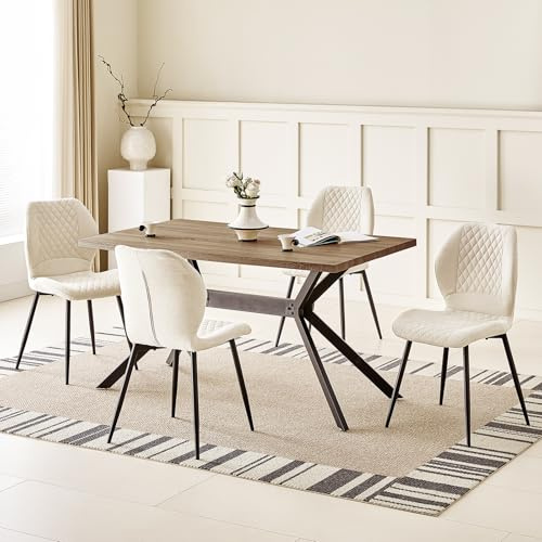 JIJIAN Set Sala da Pranzo con Tavolo da Pranzo in Legno Marrone Scuro e 4 Sedie Beige, Tavolo da Pranzo Rettangolare di 140x80x76 cm con 4 Sedie da Pranzo in Lino a Design Ergonomico
